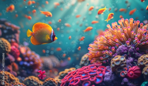 Two Clownfish Swimming Near a Sea Anemone in a Tropical Reef