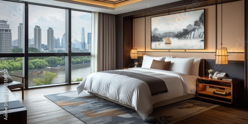Modern Hotel Bedroom With Large Windows And View Of Green Trees