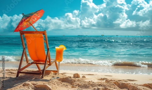 Relaxing Beach Scene With Red Umbrella and Beach Chair