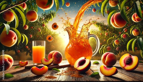 Splashing Peach Juice in an Orchard