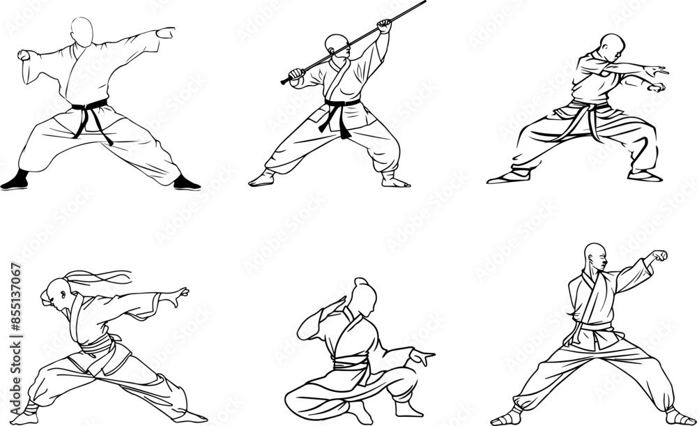 A series of black and white drawings of people in karate kungfu stances A series of black and white drawings of people in karate kungfu stances
