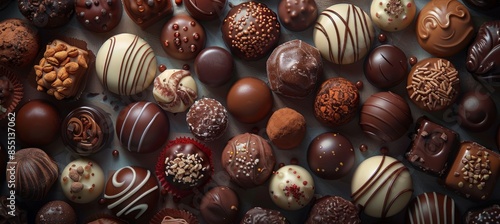 Assortment of Pralines with Intricate Details and Vibrant Colors