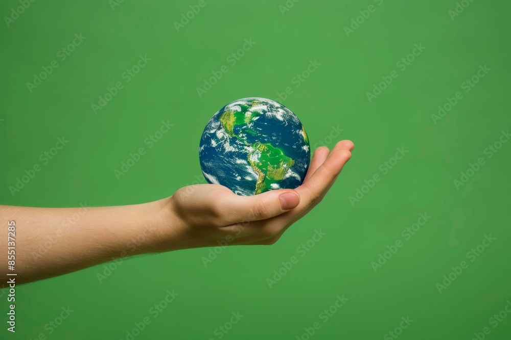 Hand holding planet earth on the palm of a hand. earth day concept, studio green background Hand holding planet earth on the palm of a hand. earth day concept, studio green background