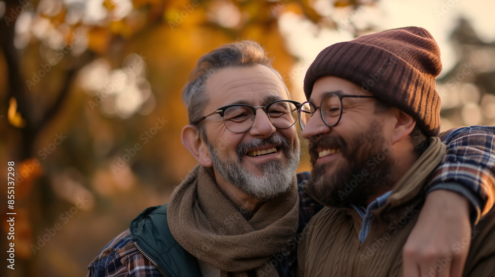 Two men wearing hats and smiling at the camera. One of them is wearing a plaid jacket. Male friends with arm smile laughing adult. Two men wearing hats and smiling at the camera. One of them is wearing a plaid jacket. Male friends with arm smile laughing adult.
