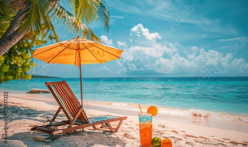 Relaxing Beach Scene With Red Umbrella and Beach Chair