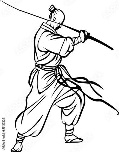 A man in a karate uniform is holding a sword