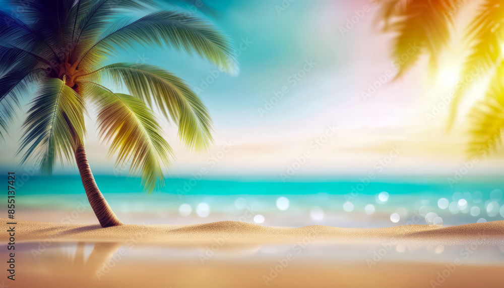 Fototapeta premium Abstract seascape with palm tree, tropical beach background. blur bokeh light of calm sea and sky. summer vacation background concept.