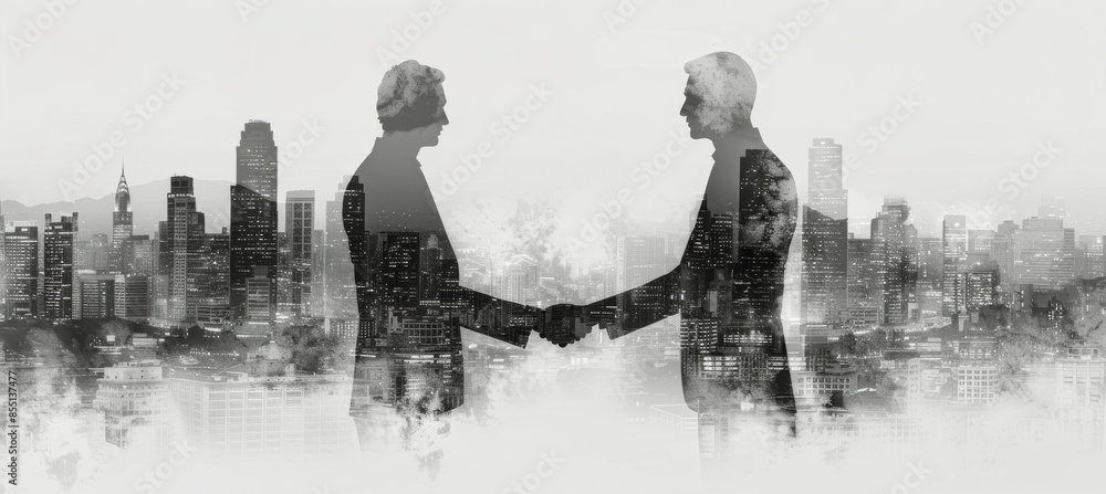 Obraz premium Two Businessmen Shaking Hands in Front of a City Skyline
