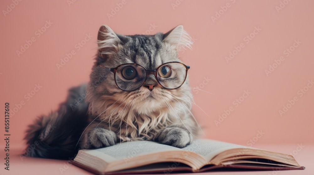 Cat reading book. Persian cat with glasses, an open book lying next to it. Cat reading book. Persian cat with glasses, an open book lying next to it.