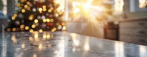 Wooden Tabletop In Front Of Blurred Christmas Tree And Lights