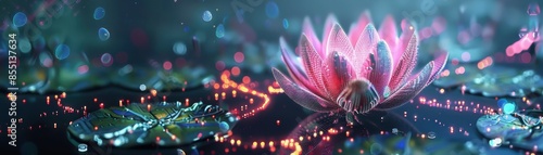 Futuristic lotus flower with neon light of digital circuit big data technology photo