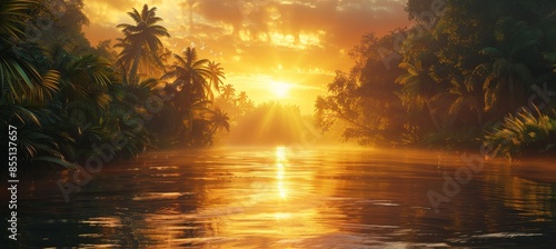 Fototapeta Naklejka Na Ścianę i Meble -  Tropical River Flow Through Jungle Forest at Sunset or Sunrise