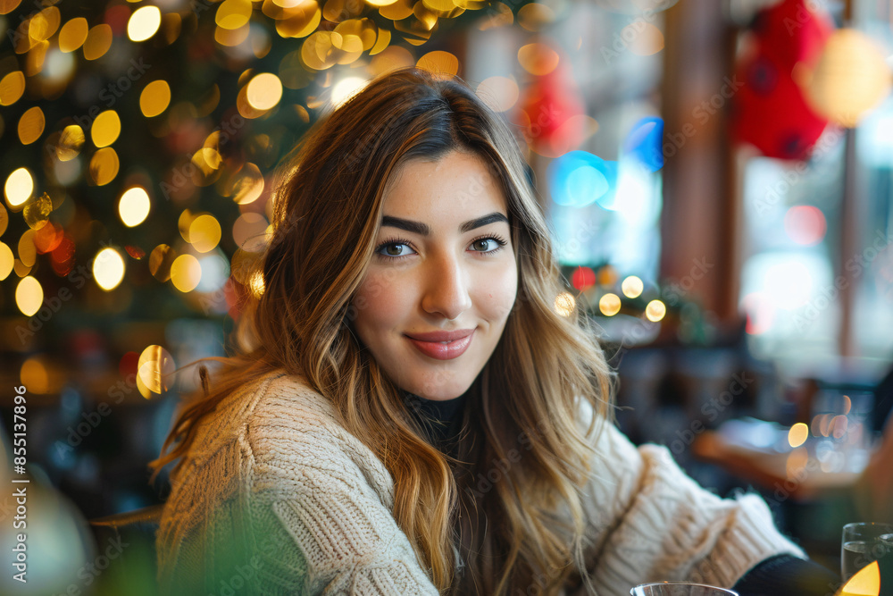 A photo of an attractive female on Christmas dinner with family, enjoying the festive celebration and togetherness. A photo of an attractive female on Christmas dinner with family, enjoying the festive celebration and togetherness.