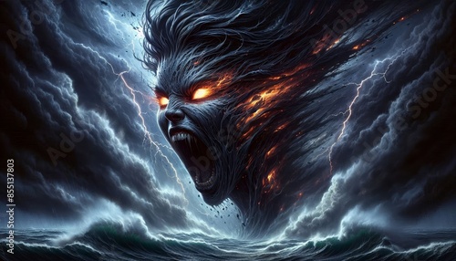 Demonic Storm: A Visceral Illustration of a Wrathful Deity - A frightening illustration depicts a demonic figure formed from storm clouds and lightning, screaming at the ocean below. photo