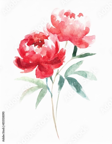 Fototapeta Naklejka Na Ścianę i Meble -  Hand drawn watercolor red peony flower isolated on white background