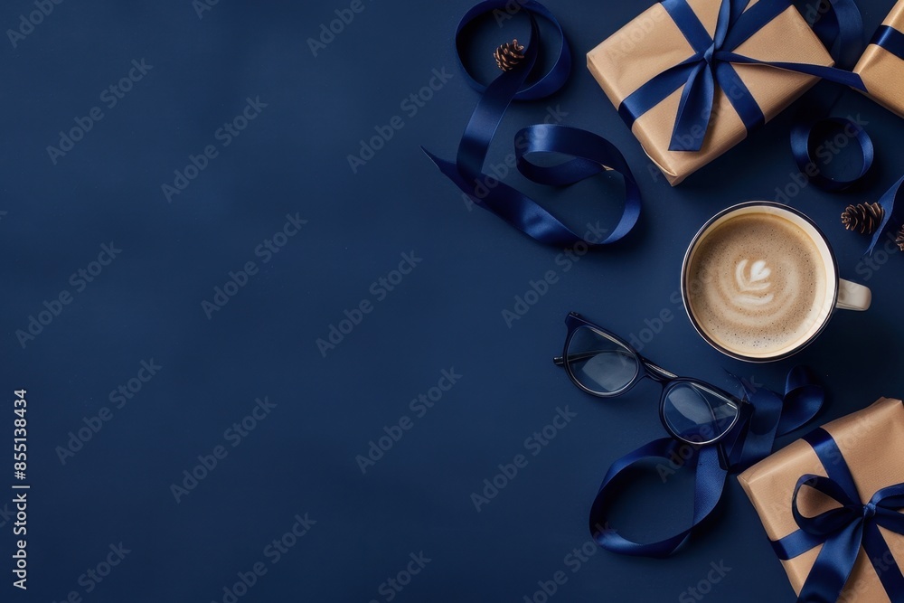 coffee cup, glasses and wrapped gifts with blue ribbon on the right side of photo, solid navy background Generative AI coffee cup, glasses and wrapped gifts with blue ribbon on the right side of photo, solid navy background Generative AI