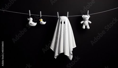 Ghostly Halloween Decorations Hanging on a Clothesline - A white ghost, a teddy bear and two rubber ducks are hanging on a clothesline against a black background. © Mickey