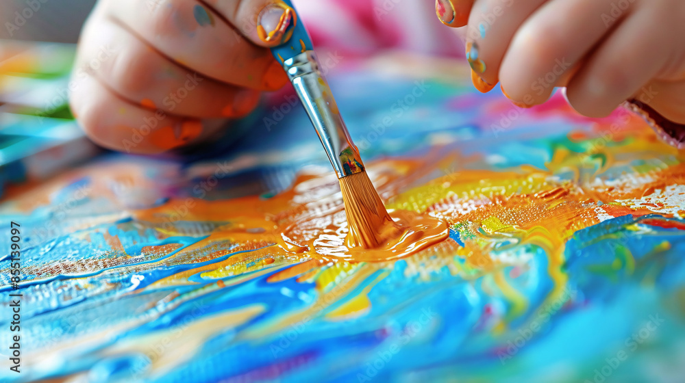 A close-up of a child's hands holding a paintbrush dipped in watercolor, carefully adding intricate details to a fantastical depiction of their favorite animal character from a storybook or fairy A close-up of a child's hands holding a paintbrush dipped in watercolor, carefully adding intricate details to a fantastical depiction of their favorite animal character from a storybook or fairy