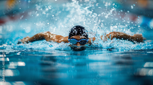 A swimmer dives off a starting block into a pool, creating a splash of water as they train for speed and efficiency in their chosen aquatic sport. photo