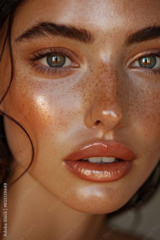Close-up portrait of a woman with radiant skin, glossy lips, and captivating green eyes showcasing natural beauty and frecklesBeauty Close-up portrait of a woman with radiant skin, glossy lips, and captivating green eyes showcasing natural beauty and frecklesBeauty
