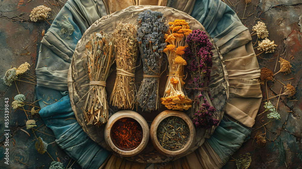 Fototapeta premium An artistic composition featuring dried bundles of healing herbs arranged in a circular pattern, their earthy colors and textures symbolizing the interconnectedness of nature and holistic medicine.