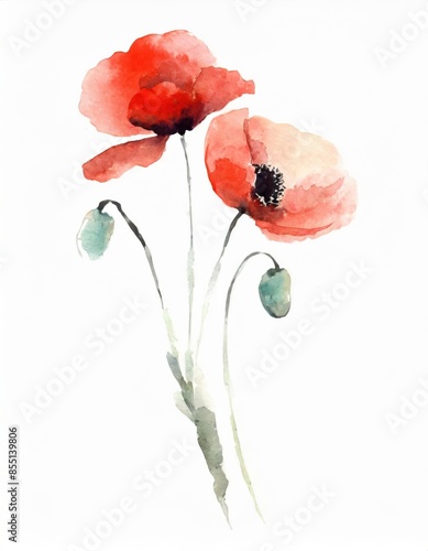 Fototapeta Naklejka Na Ścianę i Meble -  Hand drawn watercolor red poppy flower isolated on white background