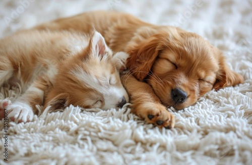 A Golden Retriever Puppy and a Ginger Cat Sleeping Together on a White Rug