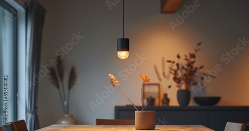 A Single Pendant Light Illuminates a Modern Dining Room