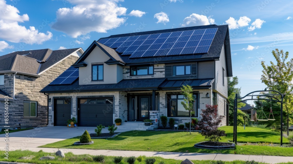 Photovoltaic cells on a suburban house, harnessing solar energy, front view, demonstrating green technology, robotic tone, Analogous Color Scheme Photovoltaic cells on a suburban house, harnessing solar energy, front view, demonstrating green technology, robotic tone, Analogous Color Scheme