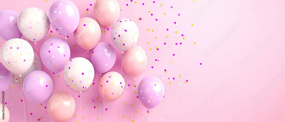 Beautiful pink and purple balloons with confetti on a light background. Perfect for celebrations, parties, and festive events. Beautiful pink and purple balloons with confetti on a light background. Perfect for celebrations, parties, and festive events.