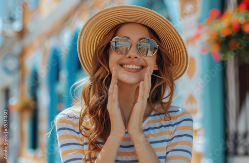 Happy Woman Wearing Sunglasses and Straw Hat Waves in Colorful Street