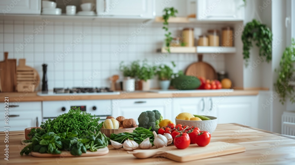A bright kitchen with fresh ingredients, neatly organized on a countertop A bright kitchen with fresh ingredients, neatly organized on a countertop