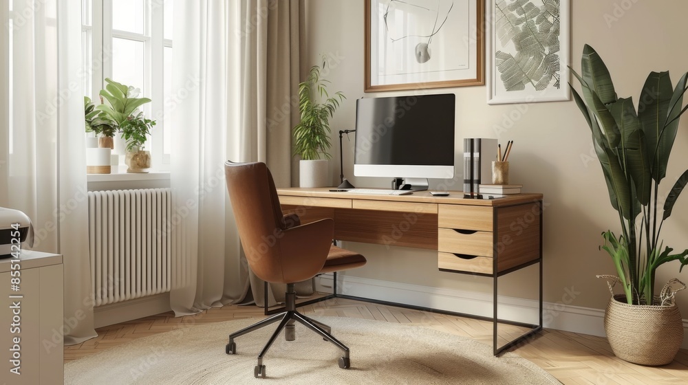 A modern home office setup with a sleek desk, computer, and stylish furniture A modern home office setup with a sleek desk, computer, and stylish furniture