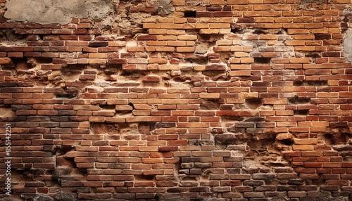 Vintage red brick masonry building wall, brick fence wall, background for design. Background of old exposed dirty brick wall, texture. Long and wide shabby building facade. Abstract banner, copy space