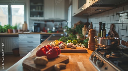 A cozy kitchen with fresh ingredients, neatly organized on a countertop photo