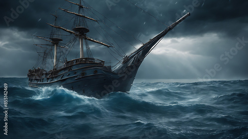 A blue leviathan, with horns, roaring, showing half its body in the middle of a dark blue ocean at night, in stormy weather, under a black cloudy sky with lightning