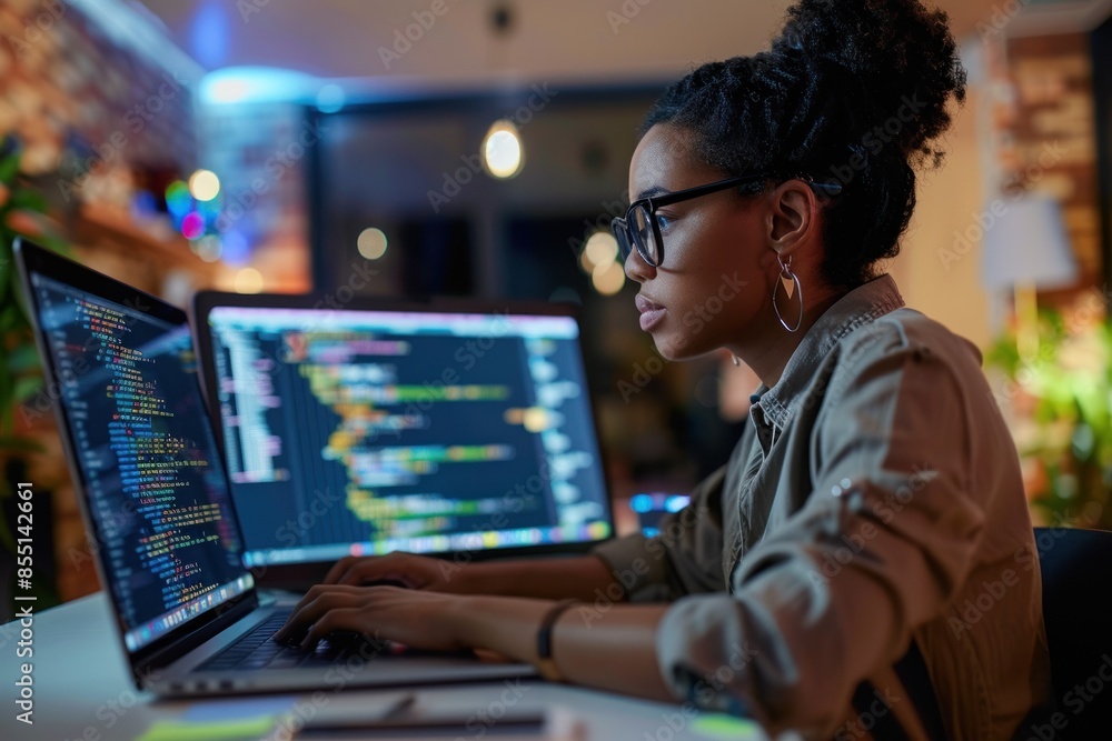 Female coder working on a project at night Female coder working on a project at night