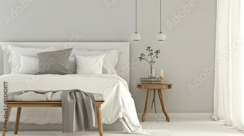 A minimalist bedroom with modern furniture, including a comfortable bed, soft pillows, and warm blankets