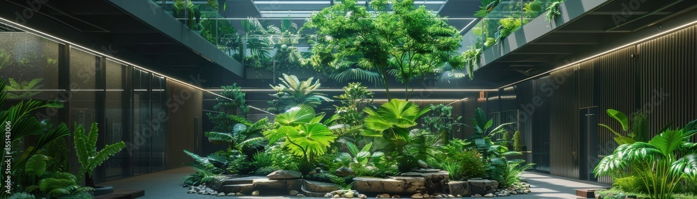 Green atrium in an urban building, lush indoor garden, front view, promoting biophilic design, cybernetic tone, Triadic Color Scheme Green atrium in an urban building, lush indoor garden, front view, promoting biophilic design, cybernetic tone, Triadic Color Scheme