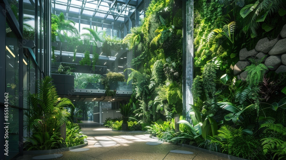 Green atrium in an urban building, lush indoor garden, front view, promoting biophilic design, cybernetic tone, Triadic Color Scheme Green atrium in an urban building, lush indoor garden, front view, promoting biophilic design, cybernetic tone, Triadic Color Scheme