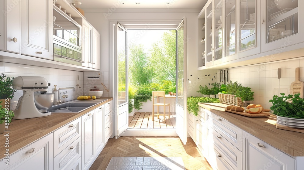 A cozy kitchen with fresh ingredients, neatly organized on a countertop A cozy kitchen with fresh ingredients, neatly organized on a countertop