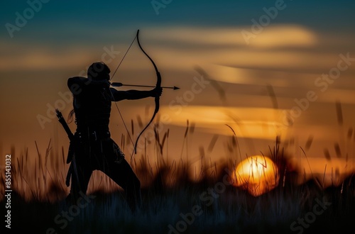 Silhouette of an Archer Aiming at Sunset in a Field of Grass