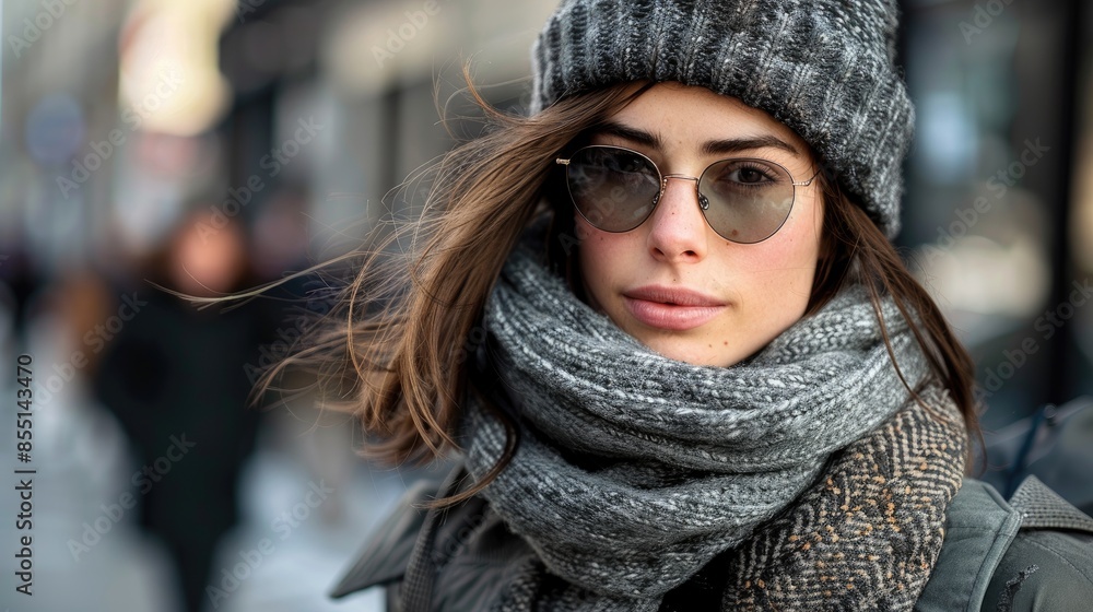 A young woman in a knit hat and scarf looks directly at the camera while walking down a city street.