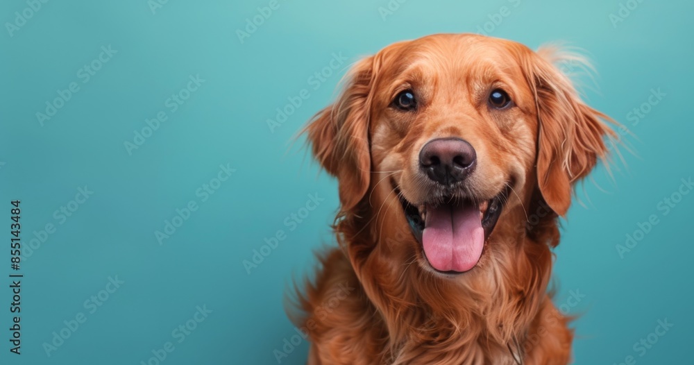 Golden Retriever Dog Smiling Against Blue Background Golden Retriever Dog Smiling Against Blue Background