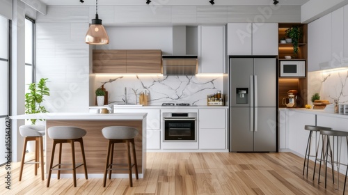 A kitchen with modern appliances, including a sleek refrigerator, stove, and microwave