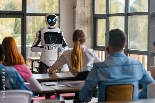 Futuristic robot teacher in a classroom setting