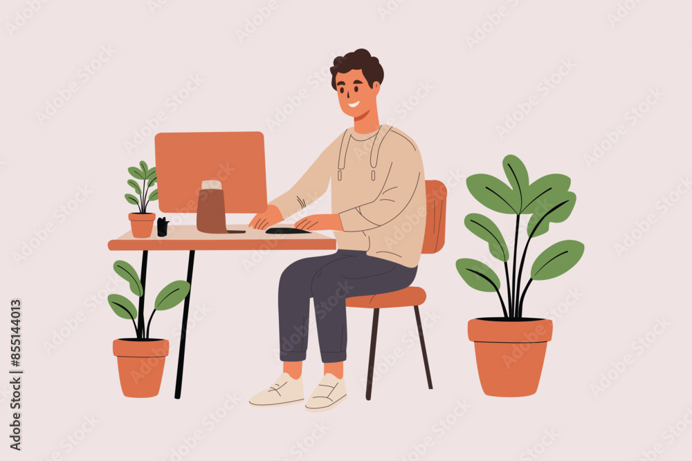 Man Working With Computer flat vector character Man Working With Computer flat vector character
