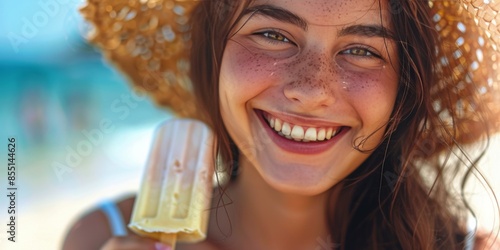 Happy Woman Enjoying Summer Ice Cream on Beach