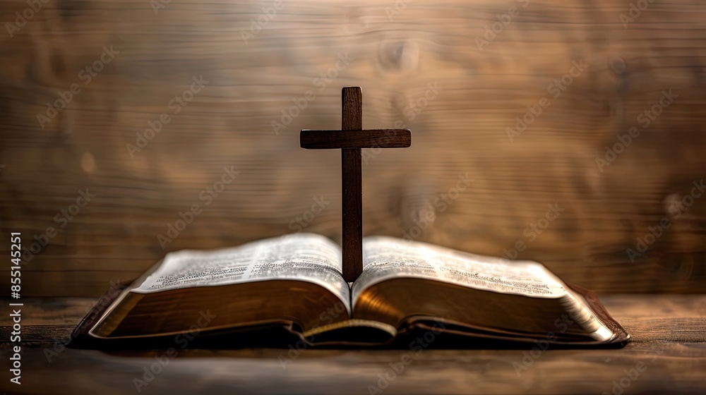 an open Bible with a wooden cross on a black background, bathed in sparkling light from above, resting on an old table with ample space for text. an open Bible with a wooden cross on a black background, bathed in sparkling light from above, resting on an old table with ample space for text.