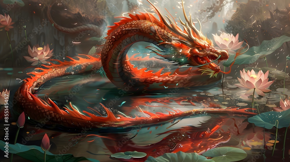Majestic Red Dragon in Mystical Lotus Pond with Glowing Light and Misty Atmosphere Majestic Red Dragon in Mystical Lotus Pond with Glowing Light and Misty Atmosphere